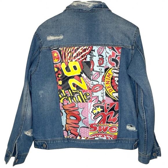 Blu[edit] Distressed Denim Jean Jacket M Graphic Comic Book Pop Art 90s Style - Picture 1 of 11